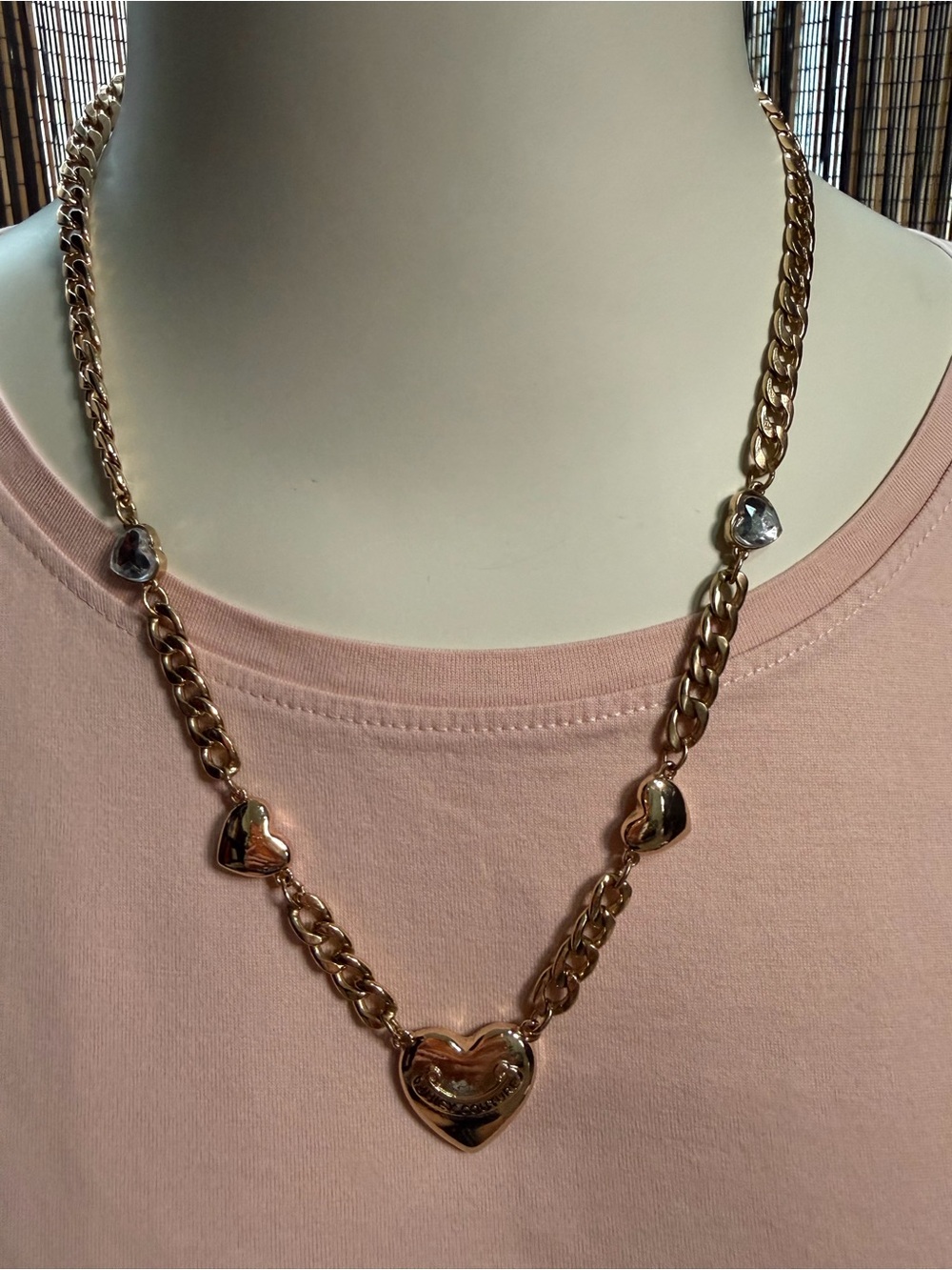 Juicy Couture Chunky Curb Chain Necklace Puffy Multi-Heart Charm Y2K Coquette